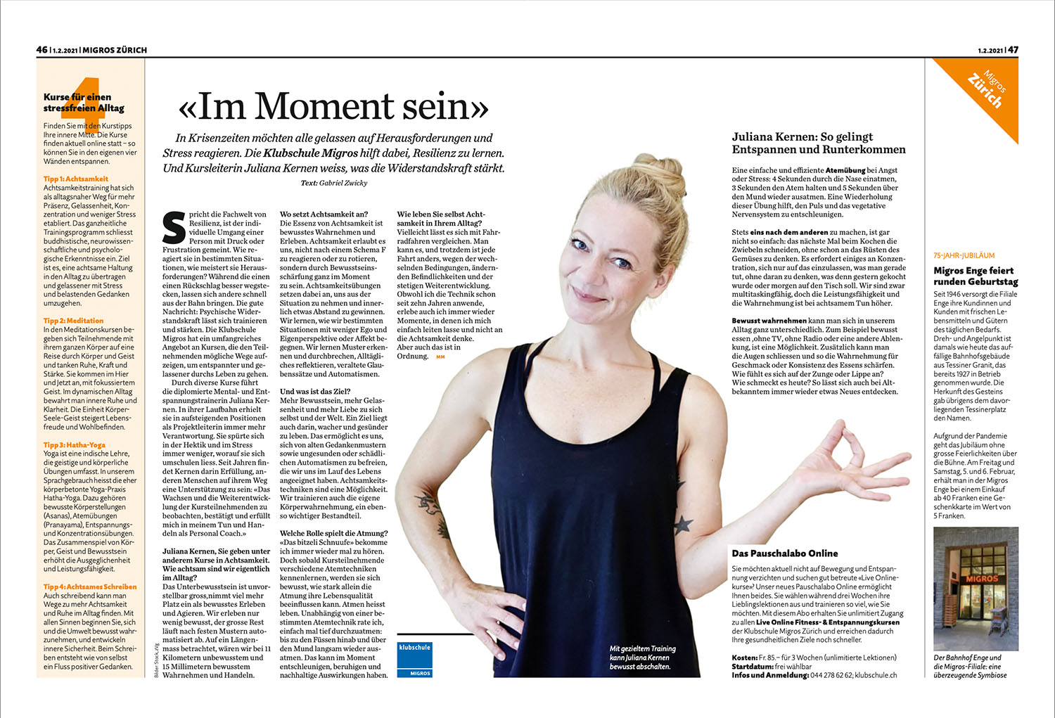 Artikel Migros Magazin Juliana Kernen Achtsamkeit | Entspannung | Meditation | Yoga | the golden drop